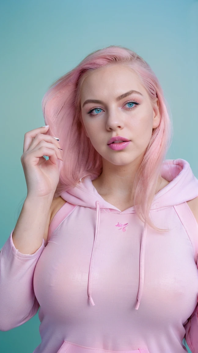 (18yo, curvy girl, bold eyebrows, blue eyes, soft makeup, y lips(bold coral-lips), long straight blonde decolored hair(slicked back-hair), porcelain skin(very pale skin), wide hips, large brearfect hands, perfect fit legs). Pout face expression, ((hair with a large bow, Oversized hoodie(with "KASK" and "MOJITO" written on it), underwear peeking out(thong visible), oversized-eyeglasses, plastic bag,(Emphasizing facial expressions OR details in her outfit))). Curvy girl is captured in an asymmetrical pose(Holding-up two-finger in a gesture), The scene is captured on a faded film reminiscent of a 70mm(photo from decades past). A subtle haze and a soft focus on the background enhance the quality of the image, (backlighting), Horror movie effects, -enhancing the overall composition.(((in a pink/teal colors palette theme))), Dutch Angle/Tilt: The camera is tilted to create a sense of disorientation or artistic tension. (((in a NEON pink/INDIGO colors palette theme))) ((CLOSE UP SHOT, WITH HER BOLD PINK LIPS))