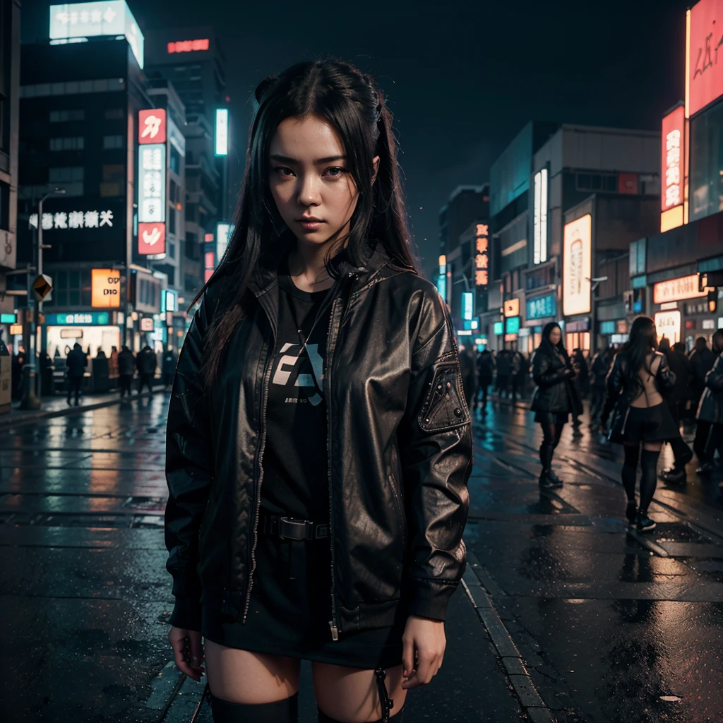 there is a woman standing on the side of the street, Cyberpunk art by Yang J., trend on Artstation, realism, artwork in the style of guweiz, animated style. 8k, guweiz, 3d realistic anime style, trend on cgstation, 🤤 girl portrait, Hyperrealistic cyberpunk style, animated style mixed with fujifilm, cyberpunk dreamy girl
