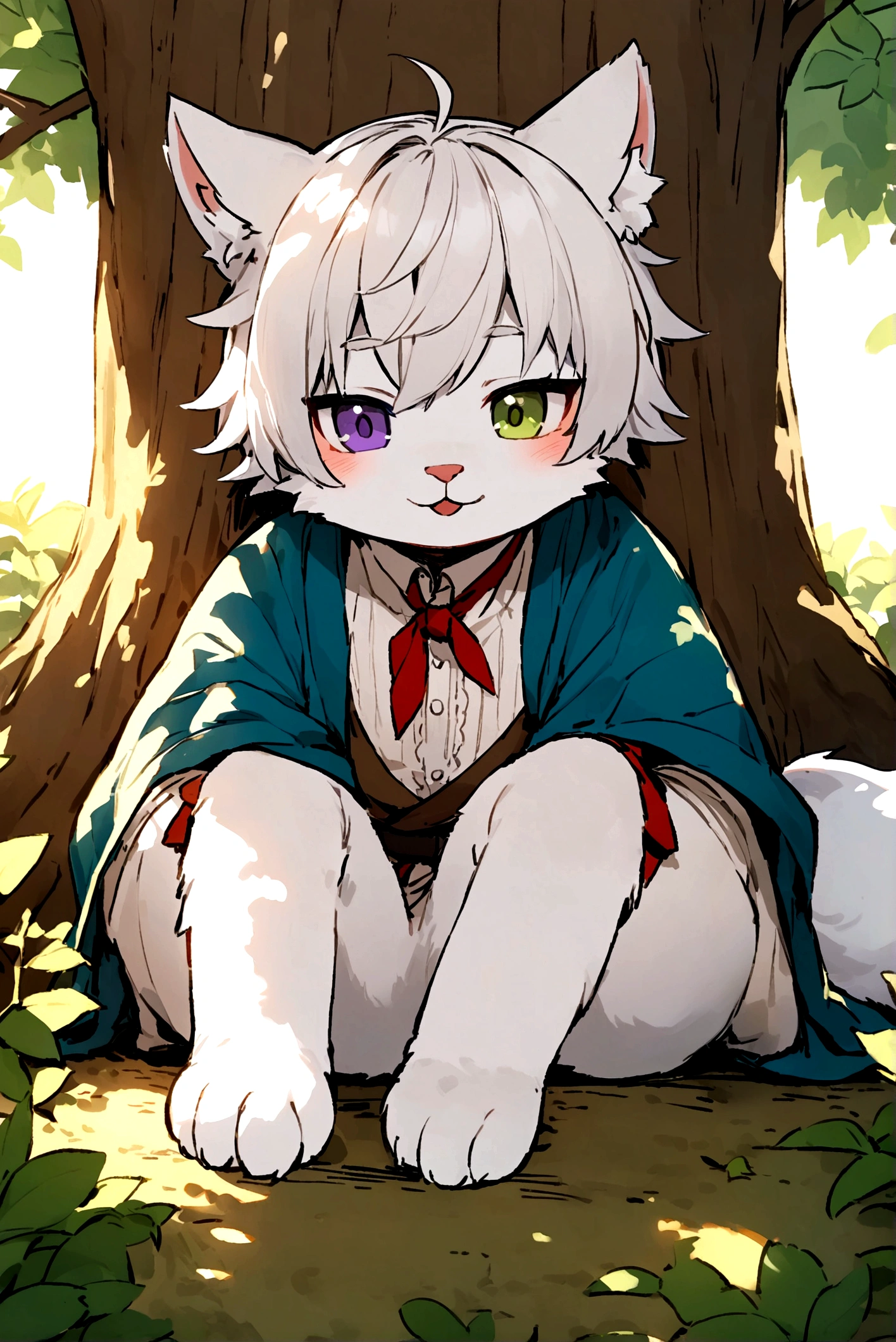 high quality,HD,Foxes,furry,White Hair,Heterochromia(Blue,Light purple),Summer,Behaving Nobly,Lazy temperament,Handsome,Rest under the tree,Sunshine on the face,Gentle personality,male