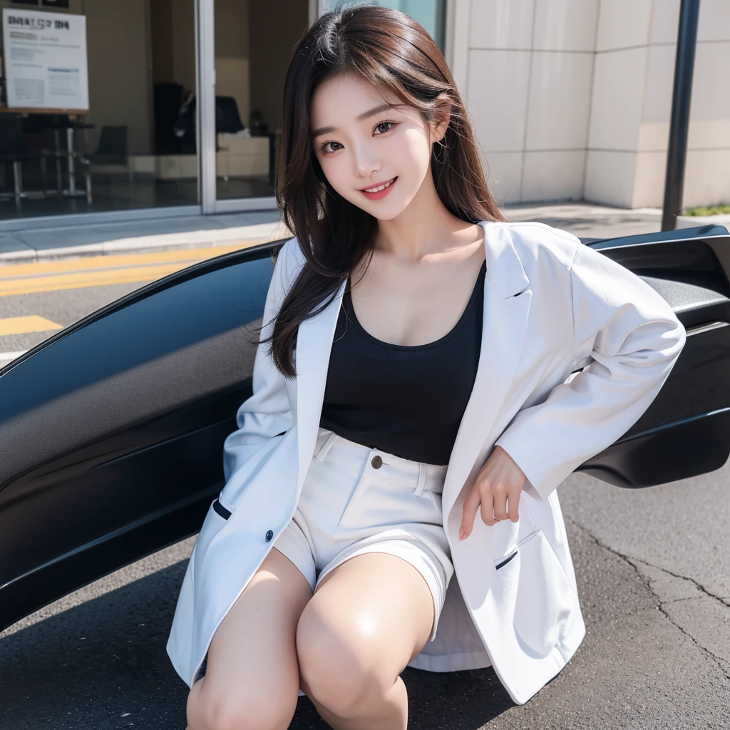 extremely detailed 8K Thumbnail, 1 Korean girl, smile, Standing, Very Se*y, Beautiful, Black Se*y Clothes