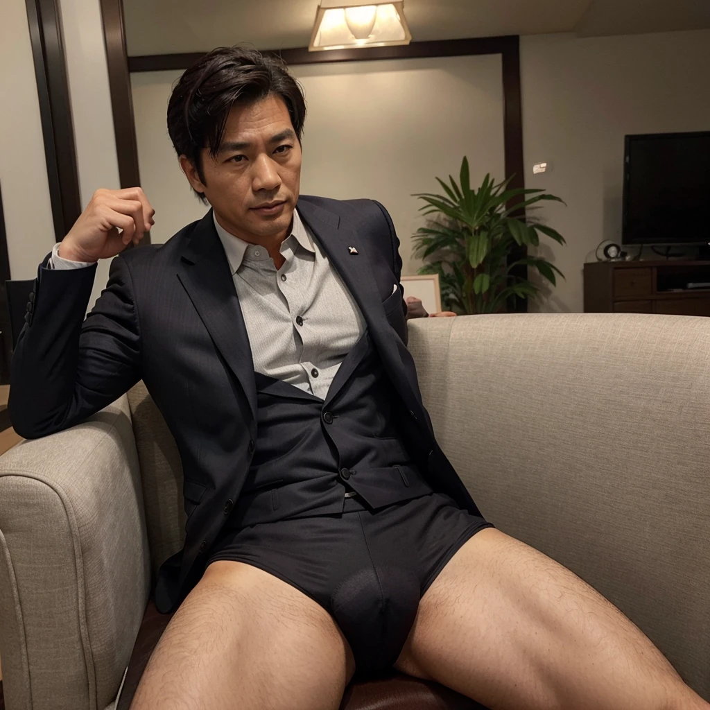 50 year old handsome asian boss. Very tight suit and a big bulge. Thick thighs sitting on a chair. Masculine handsome asian face.