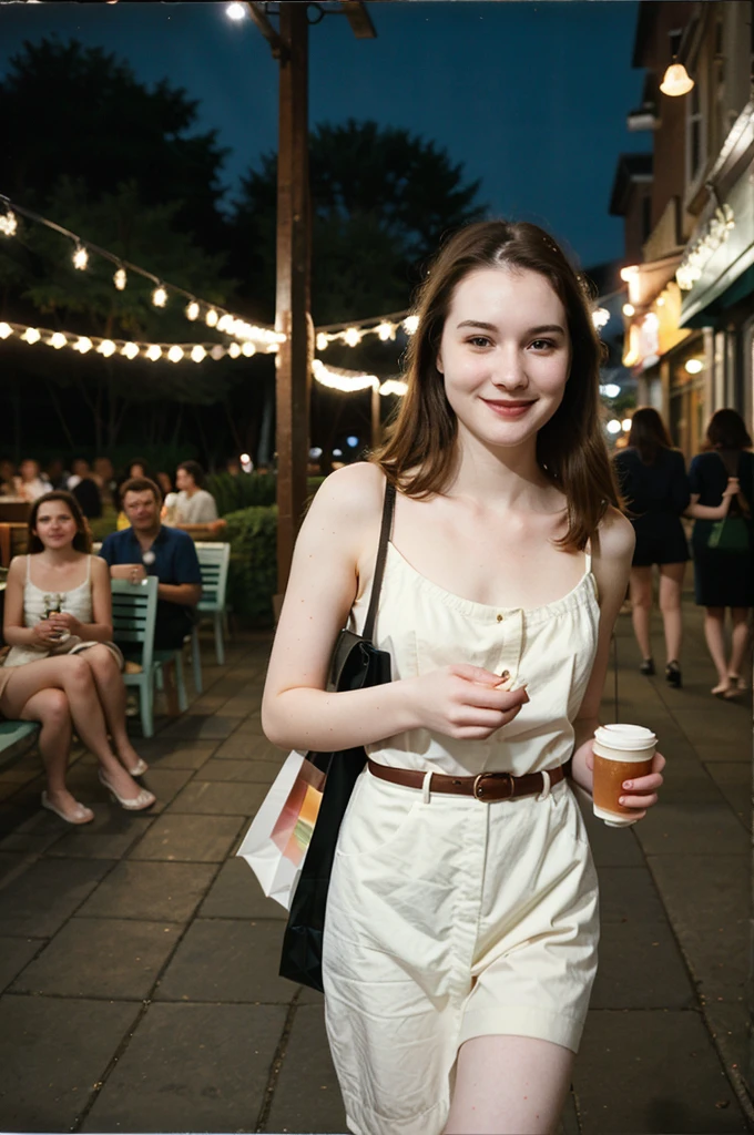 polaroid photo, night photo, photo of 24 y.o beautiful woman, pale skin, bokeh, motion blur,Walking along the café's outdoor seating area, one hand holding a shopping bag, the other swinging gently, a carefree smile.