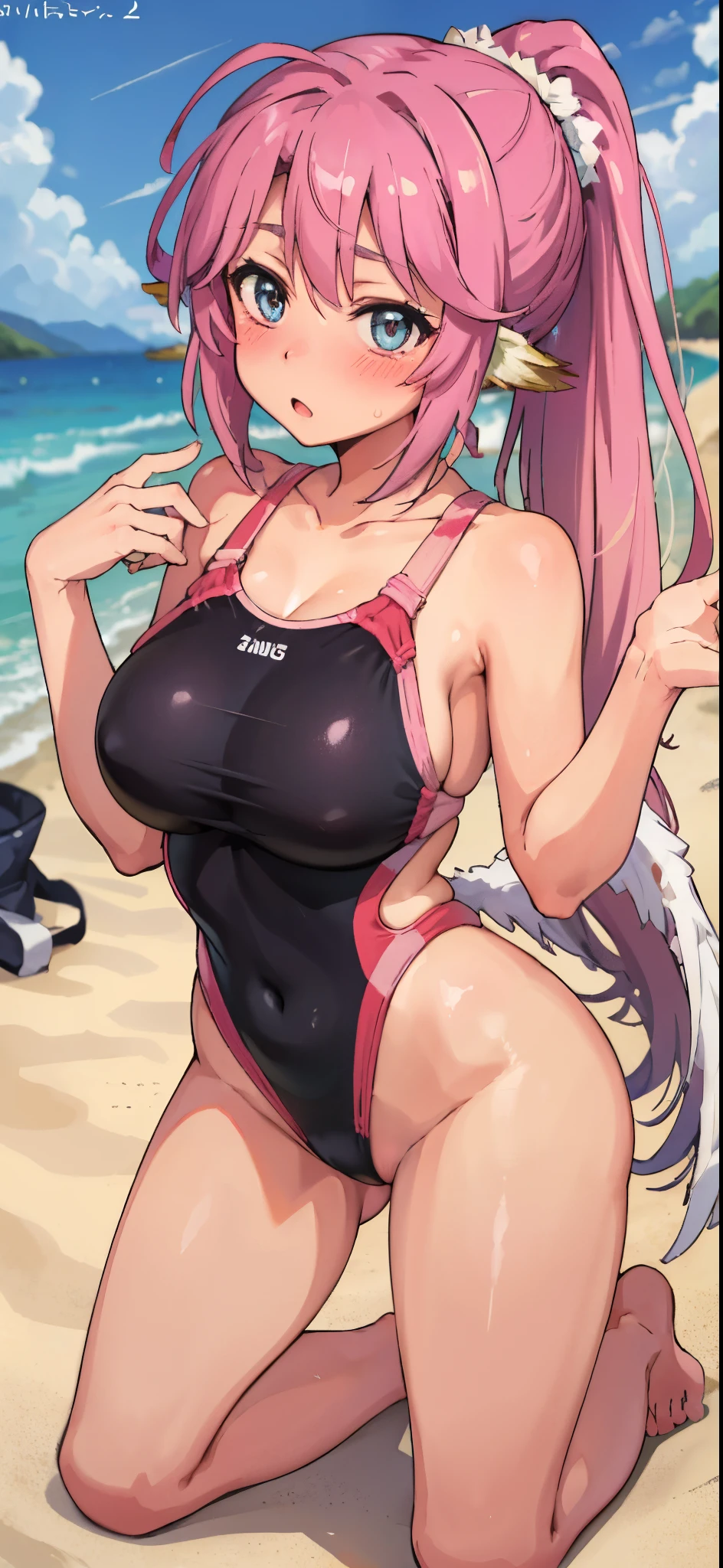 Jibril, blushed, perfect anatomy, extremely detailed eyes and face, vivid colors, sharp focus, masterpiece:1.2, ultra-detailed, blushed, ((doggystyle)), (solo), (competition swimsuit), ponytail, kneeling. Beach,sunny day.