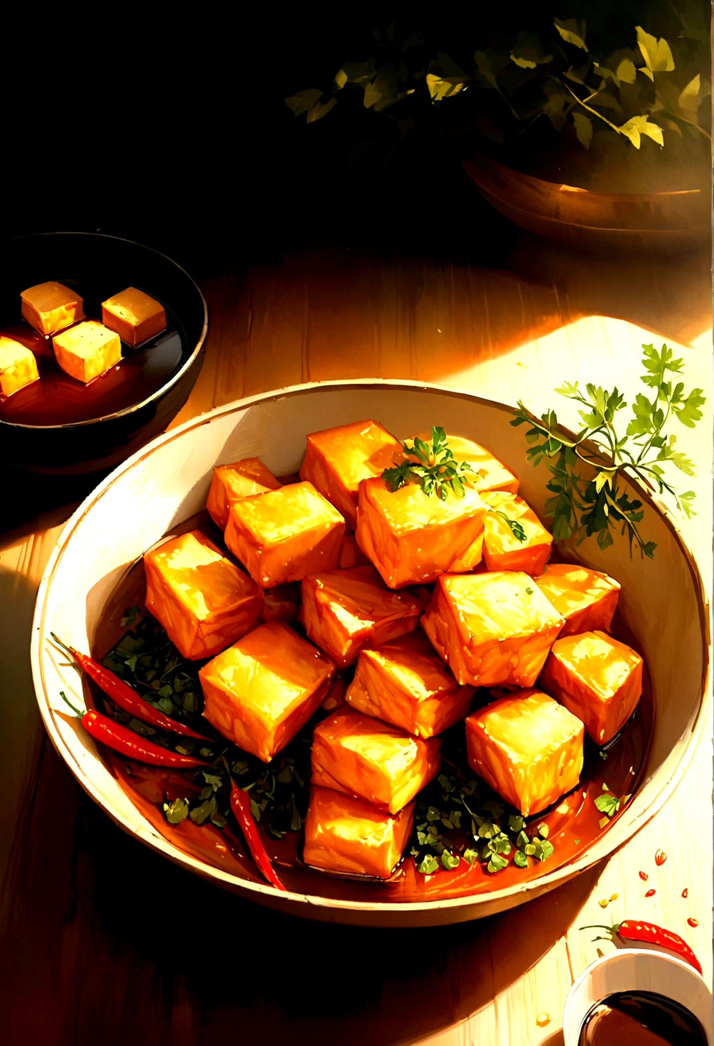 there is a plate of tofu and a bowl of black soy sauce on a table, crispy fried tofu cartoon, fried tofu, super realistic food picture, amazing food illustration, food commercial 4 k, anime food, inspired by Cao Zhibai, by Yang J, by Ni Yuanlu, digitally painted, yum, by Arthur Pan, inspired by Feng Zhu