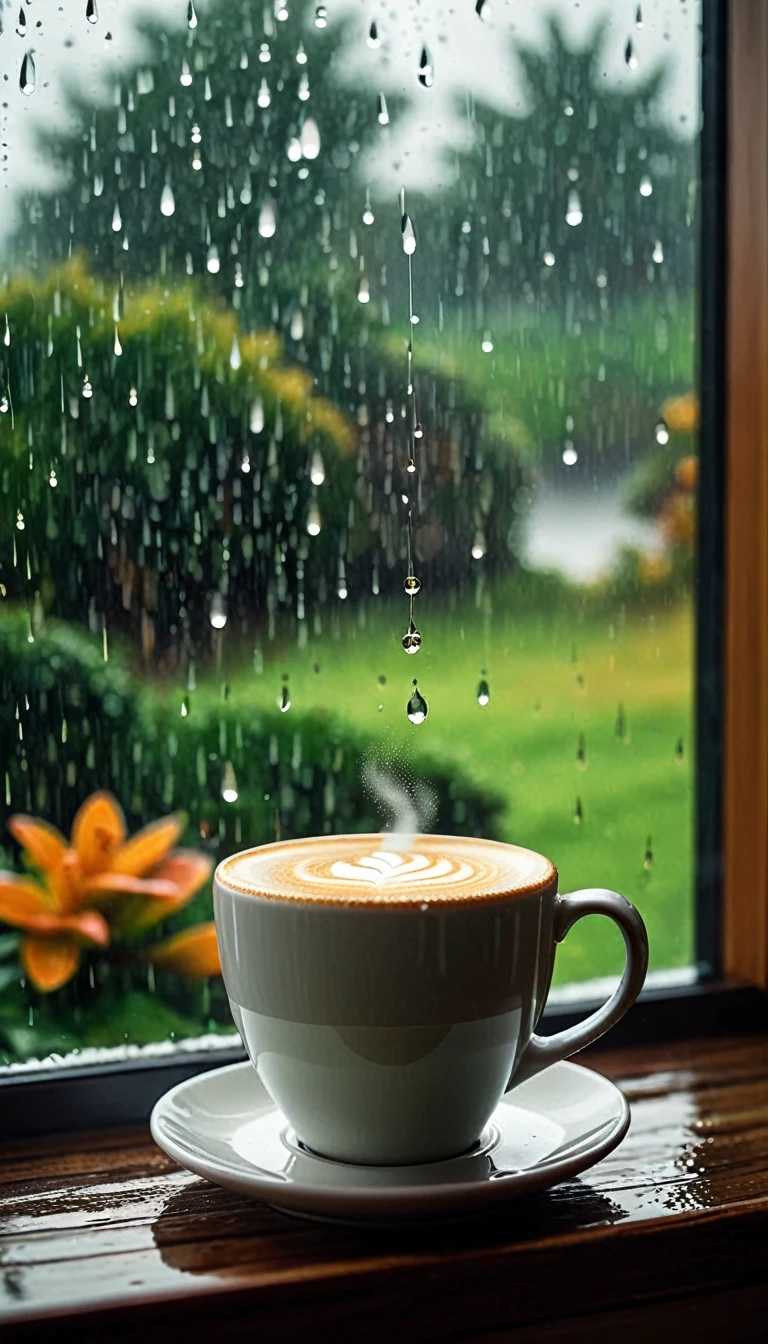 A beautiful seascape picture outside the window，Beautiful coastline，live action style，With romantic aesthetics，Beautiful light and shadow of afternoon sun，Natural Elements，The whole glass window is covered with rain .The fog is so thick that you can’t see the actual scene.Bokeh background outside window.No window frames .Close-up of partial rain on glass.Don’t have a real image in the background.Just a rough bokeh effect.You can feel the raindrops flowing on the glass。Rain slides across the glass，Blurred the outside scene，Only the beauty of bokeh is left。This picture makes people feel peaceful、comfortable，It’s like being in a small world sheltered from the wind and rain。Log window sill inside window(No water)A cup of steaming latte coffee.Poetic and romantic picture