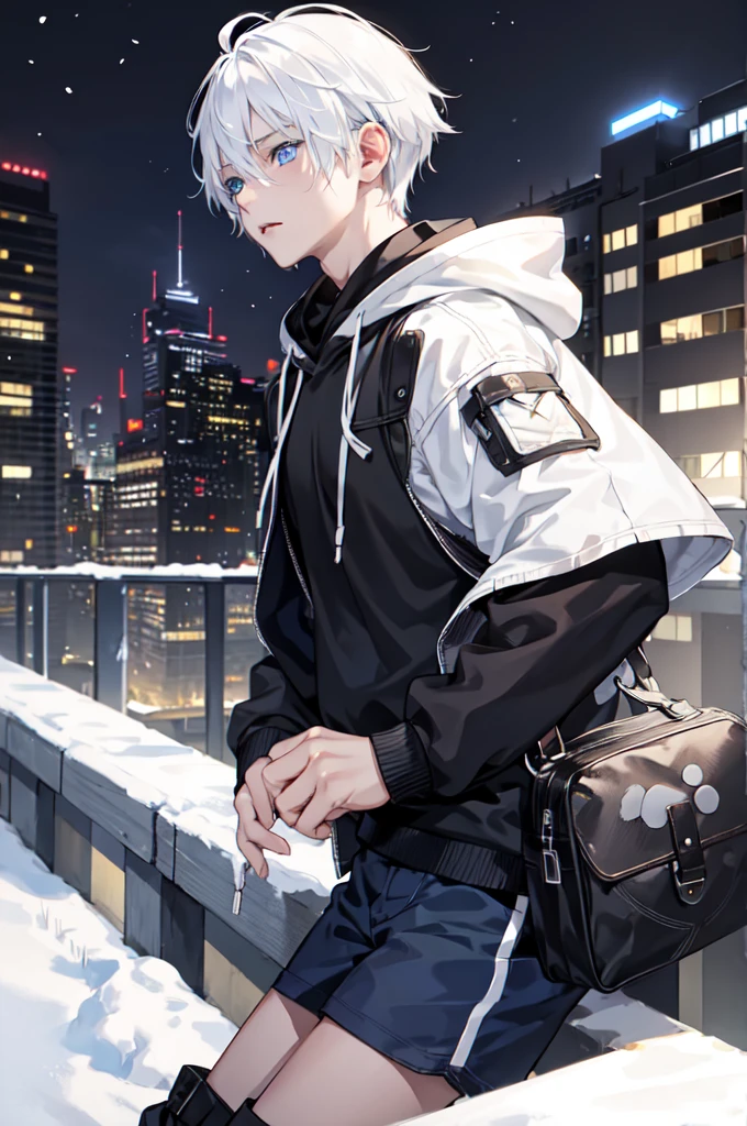 1boy,city,Hoodie,Snow-white hair,blue eyes, black thigh shorts,Night, dark alley