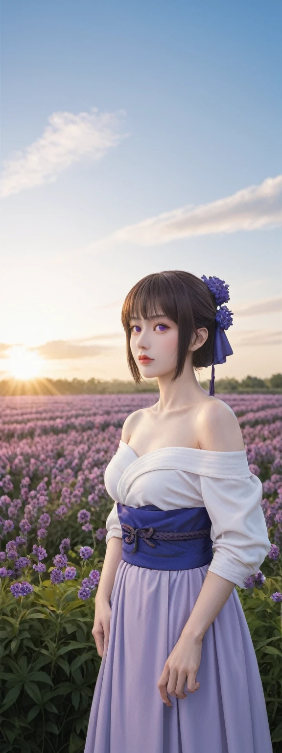realistic,score_9, score_8_up, score_7_up, 
Ultra detailed backgrounds，delicate patterns，Complicated details，Kochou Shinobu，O cabelo multicolorido，No bangs，hair intakes，Purple eye，haori，butterflys，obi strip，trpical garden，purple flower，mostly cloudy sky，rays of sunshine，Tyndall effect，Gradient_sky，the face，beautiful sky，Saber on the waist，captivating posture，Large breasts，Off-the-shoulder attire