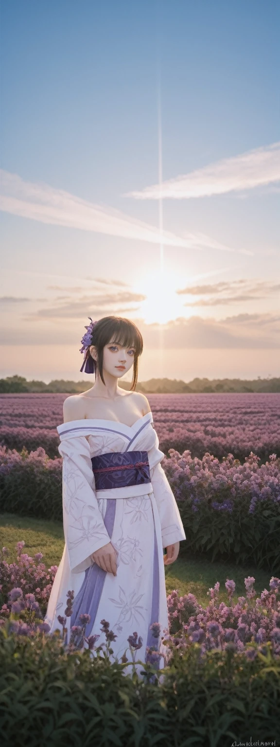 realistic,score_9, score_8_up, score_7_up,
Ultra detailed backgrounds,delicate patterns,Complicated details,Kochou Shinobu,O cabelo multicolorido,No bangs,hair intakes,Purple eye,haori,butterflys,obi strip,trpical garden,purple flower,mostly cloudy sky,rays of sunshine,Tyndall effect,Gradient_sky,the face,beautiful sky,Saber on the waist,captivating posture,Large breasts,Off-the-shoulder attire