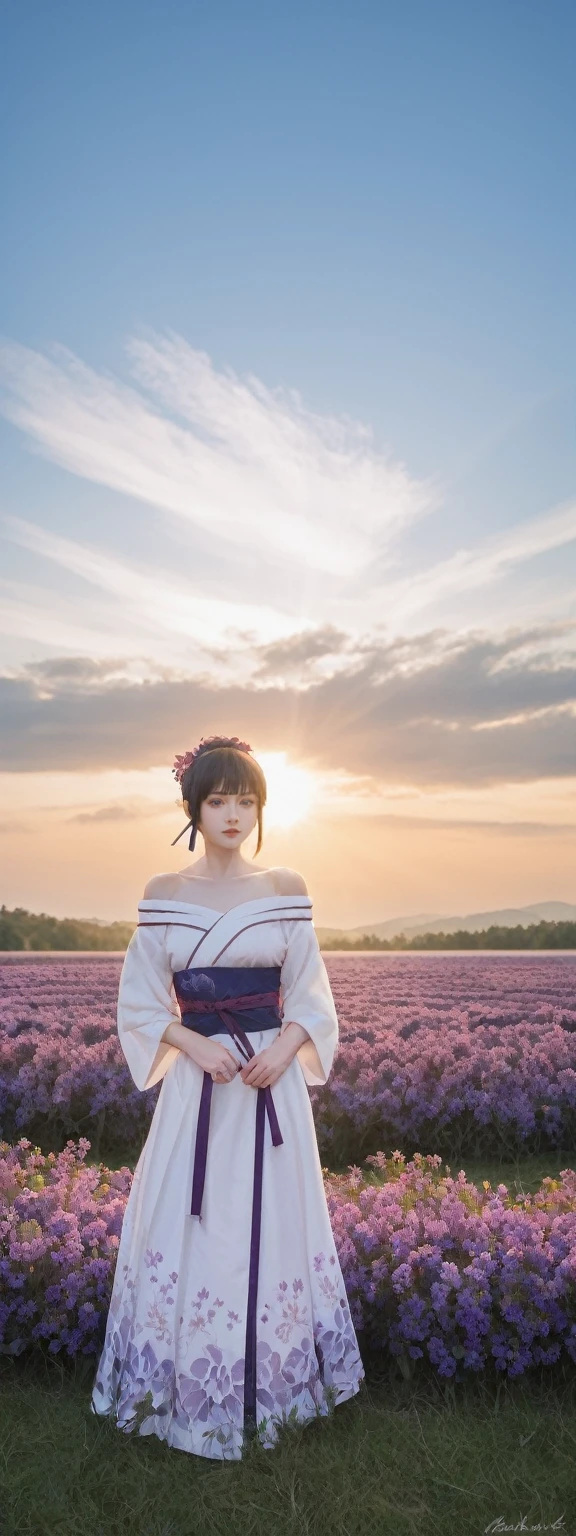 realistic,score_9, score_8_up, score_7_up,
Ultra detailed backgrounds,delicate patterns,Complicated details,Kochou Shinobu,O cabelo multicolorido,No bangs,hair intakes,Purple eye,haori,butterflys,obi strip,trpical garden,purple flower,mostly cloudy sky,rays of sunshine,Tyndall effect,Gradient_sky,the face,beautiful sky,Saber on the waist,captivating posture,Large breasts,Off-the-shoulder attire