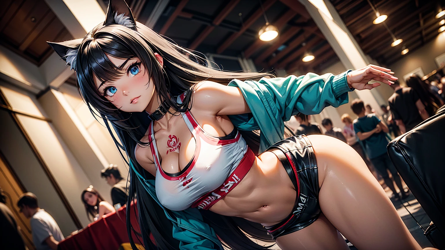 Create a high-quality, detailed image of a beautiful anime cat gamer girl with long hair, beautiful eyes. She is standing at an anime convention, dressed in a revealing gaming-themed cosplay. Her outfit consists of a skimpy tank top and short shorts that barely cover her, showcasing her midriff and highlighting her stunning curves. The attire leaves much of her skin exposed, emphasizing her tattoos and adding to her allure.
The convention scene is lively and vibrant, with colorful booths and enthusiastic attendees in the background. Soft ambient lighting enhances the atmosphere, casting a warm glow over the setting. Gaming setups and themed decorations surround her, capturing the excitement and energy of the event. The overall ambiance should highlight her as a captivating centerpiece, embodying the playful and alluring spirit of the anime convention.