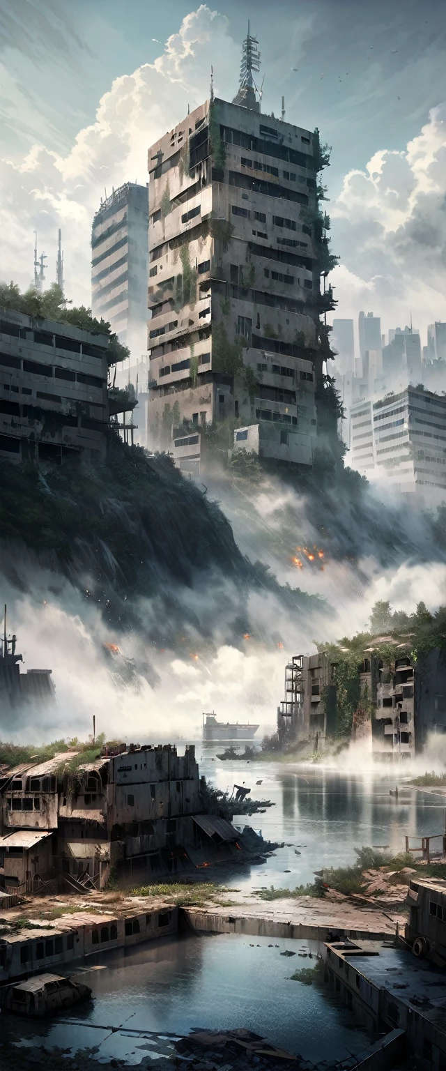 Realistic landscape, hyper detailed, Post-apocalyptic, Most of it is covered by water, artificial island, detailed, Great quality, high quality, Lots of buildings, Destroyed building, finished, More Darkness, darkシナリオ, Post-apocalyptic, fog, dark, There aren&#39;t many trees