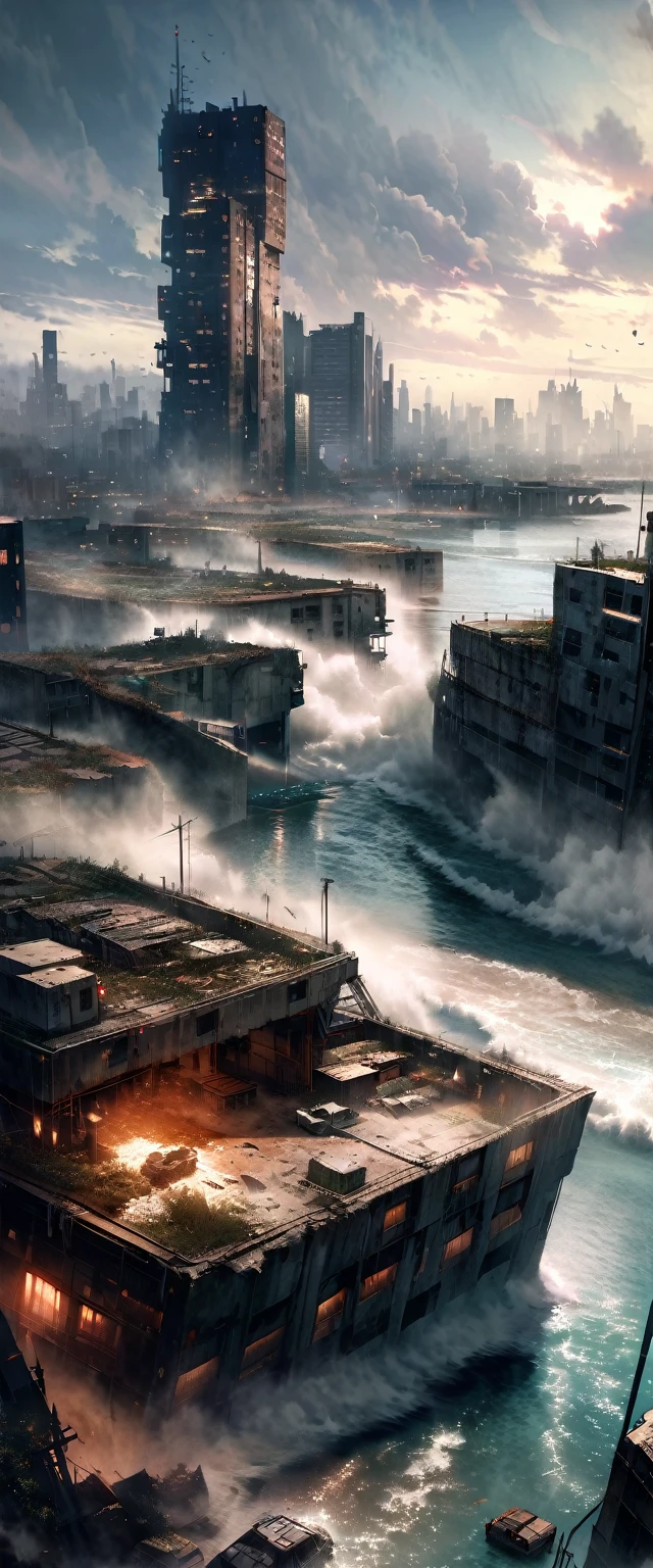 Realistic landscape, hyper detailed, Post-apocalyptic, Most of it is covered by water, artificial island, detailed, Great quality, high quality, Lots of buildings, Destroyed building, finished, More Darkness, darkシナリオ, Post-apocalyptic, fog, dark, There aren't many trees