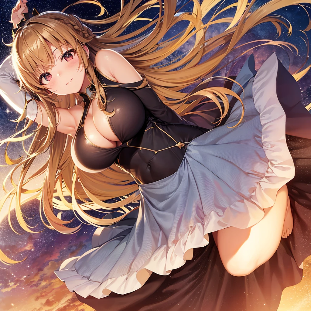 asuna,STAR, crown half up hairstyle,, woman, happy, huge breasts, dress, overexplosure, light brown Clothes, dusk sky, dusk, sunset, Free Pose、Shoulder Off、Only one woman、Low - Angle