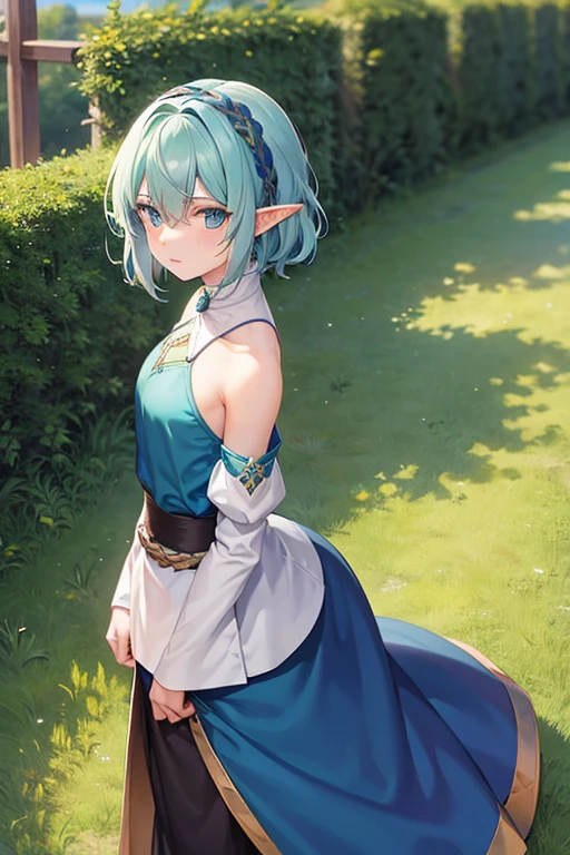 Elf girl with short, shaggy blue hair , medieval clothes , green and blue eyes , medieval clothes verde e branco 