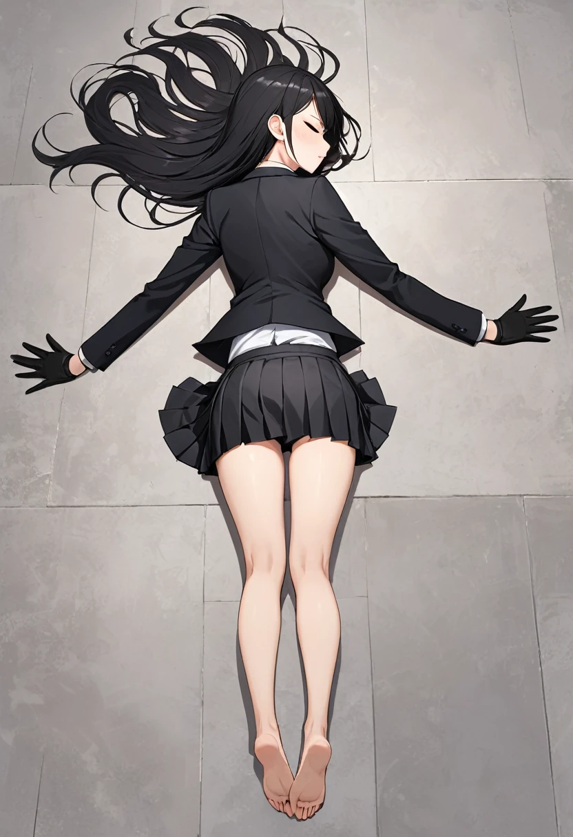 Woman lying on the floor with outstretched hands, chest touching the ground, back view from above, black miniskirt, pleated skirt, assassin, full body, business attire, black gloves, shorts blazer, bare legs, black hair, eyes closed, long hair, Thighs, whole body