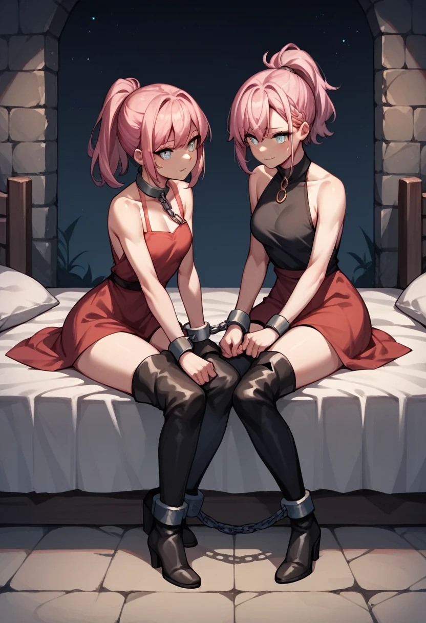 check_9, check_8_up, check_7_up, check_6_up, check_5_up, check_4_up, source_Anime, 2 girl,Bed, pink hair, ponytail, white eyes, language, WW chain, shackles, black shirt, Red dress, black thigh-high boots, night, dungeon, Best quality, better resolution, 4k uhd,
 