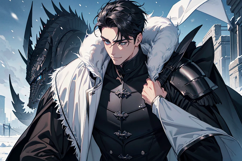 Masterpiece, Highest quality, Heavy snow, Cold Weather, realistic, 1 person, mature man, A quiet and charming young man, 30 years old, smile, gag, Portrait, Highly detailed face, 寒さとsmile, ((blue eyes)), ((black short hair)), [Thick eyebrows], battlefield, ((black long coat)), ((all black)), (blue eyes) ,Short Black Quiff Hair with Soft Fringe, handsome , muscle, Facial expressions, Black Knight Armor (Plain black armor) , black fur shawl(Masterpiece,best quality,special, (Broad shoulders)) (muscle), male focus, Hand holding a spear weapon (Crescent repeater),Lipo,Fang Tian Hua Ji, Face gigantic and terrifying monsters.. Describe the man&#39;s appearance., Details of his spear, Characteristics and characteristics of monsters, and convey the tension and power of the encounter..