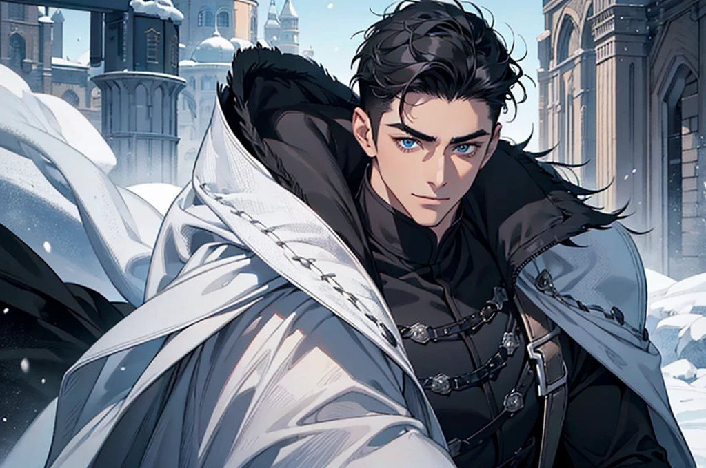 Masterpiece, Highest quality, Heavy snow, Cold Weather, realistic, 1 person, mature man, A quiet and charming young man, 30 years old, smile, gag, Portrait, Highly detailed face, 寒さとsmile, ((blue eyes)), ((black short hair)), [Thick eyebrows], battlefield, ((black long coat)), ((all black)), (blue eyes) ,Short Black Quiff Hair with Soft Fringe, handsome , muscle, Facial expressions, Black Knight Armor (Plain black armor) , black fur shawl(Masterpiece,best quality,special, (Broad shoulders)) (muscle), male focus, Hand holding a spear weapon (Crescent repeater),Lipo,Fang Tian Hua Ji, Face gigantic and terrifying monsters.. Describe the man&#39;s appearance., Details of his spear, Characteristics and characteristics of monsters, and convey the tension and power of the encounter..