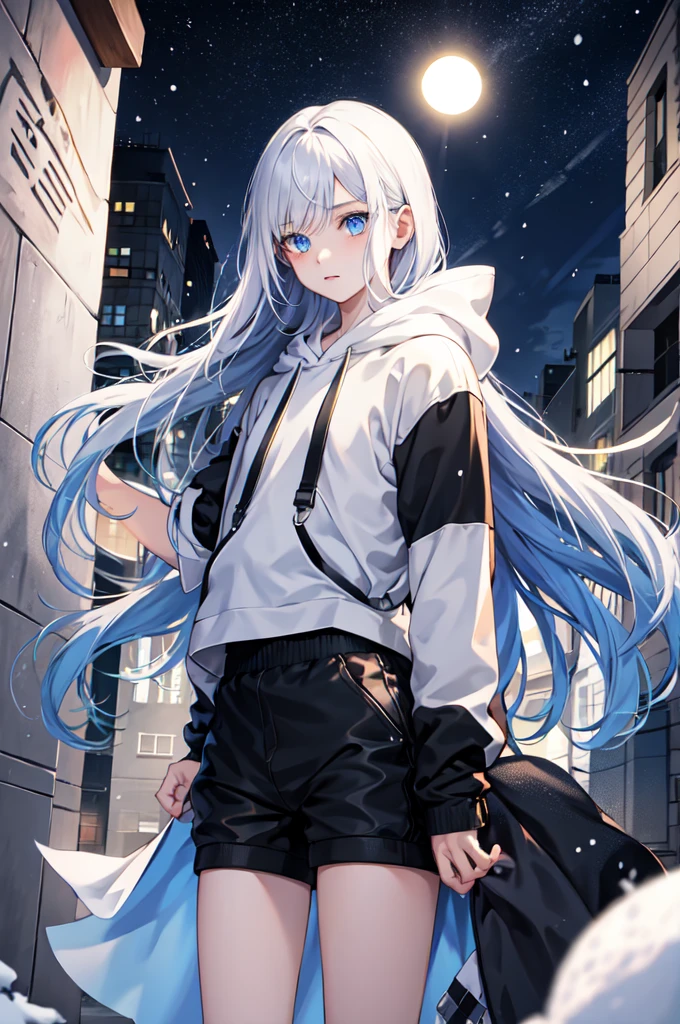 1boy,city,Hoodie,Snow-white long hair,blue eyes, black thigh shorts,Night, dark alley