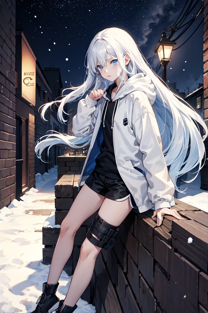 1boy,city,Hoodie,Snow-white long hair,blue eyes, black thigh shorts,Night, dark alley