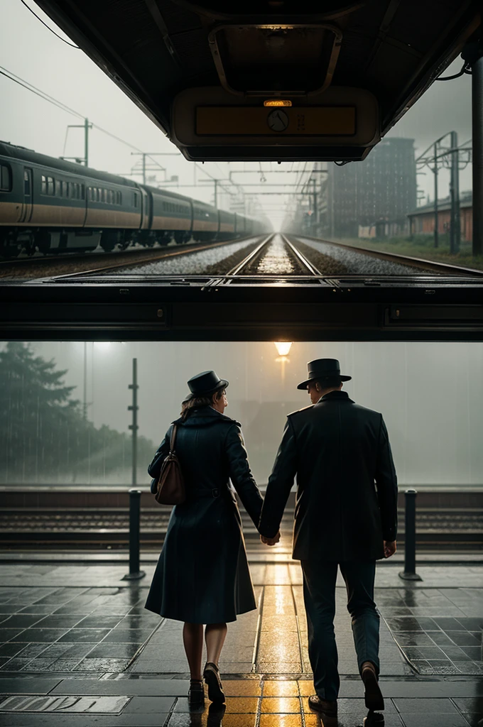 A couple with  walking on a rainy train platform, with a vintage train in the background and warm lighting illuminating the scene, in the style of an illustrated concept art or photobash, with a cinematic and atmospheric feel.
