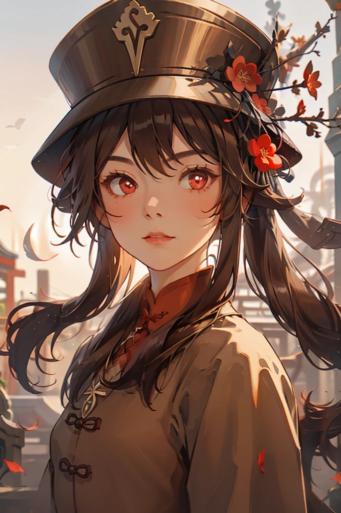 1 girl solo, brown jacket, long brown hair, red eyes, brown hat with red flowers, in a small medieval chinese town, old chinese buildings, chinese temple, ((portrait face closeup))