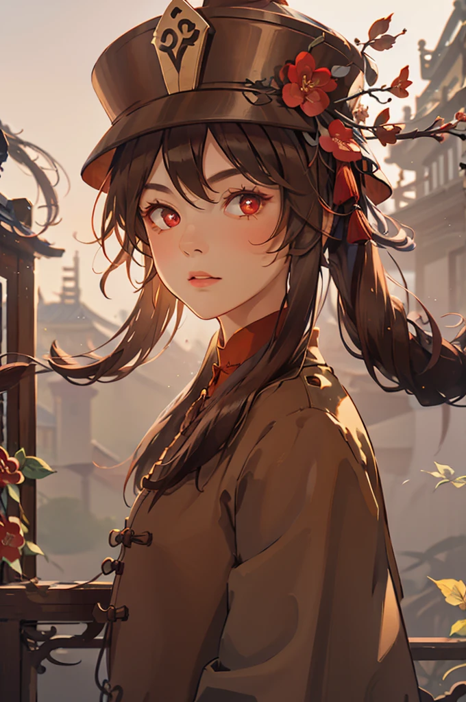 1 girl solo, brown jacket, long brown hair, red eyes, brown hat with red flowers, in a small medieval chinese town, old chinese buildings, chinese temple, ((portrait face closeup))