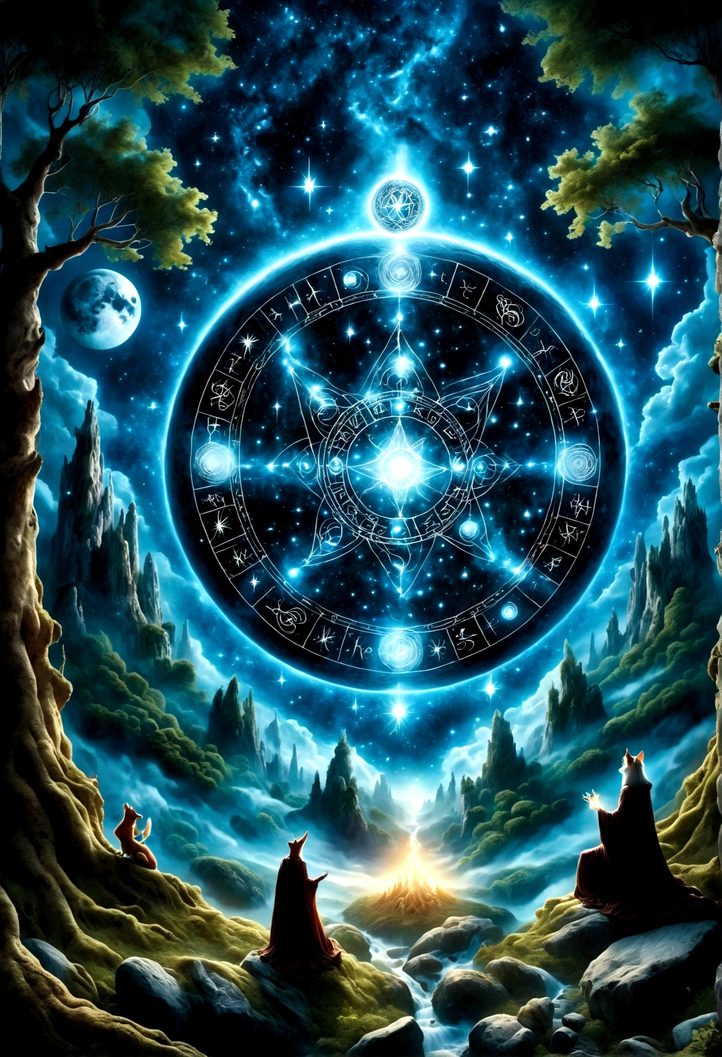 (A great astrologer:1.5)，（Dark Fantasy），（Ultra wide angle），In an ancient forest wasteland, The ancient stone magic circle predates all recorded history. It is composed of countless huge rocks, Each one has signs of erosion., Arranged into a perfect six-pointed star，Point to each constellation, As if connected to the power of the universe. At its center, The ground is engraved with complex runes and mysterious patterns.，In the moonlight, the light is blue, As part of the summoning ritual，It is also a container of power., Peak electricity consumption at night. The surrounding forest seemed to avoid, The branches are curved，Whisper. When the stars align on a special night, The energy of the sky resonates with the runes of the circle, Slowly open a crack，Inside is a creature with eyes like burning coals, Made of darkness and fear, Get out, Every step you take，The earth will tremble. This scene depicts a mysterious and dangerous moment，An ancient magic circle summons an entity under the watchful eyes of the ancient forest.，(masterpiece，best quality，Ultra HD，Extremely detailed，illumination）