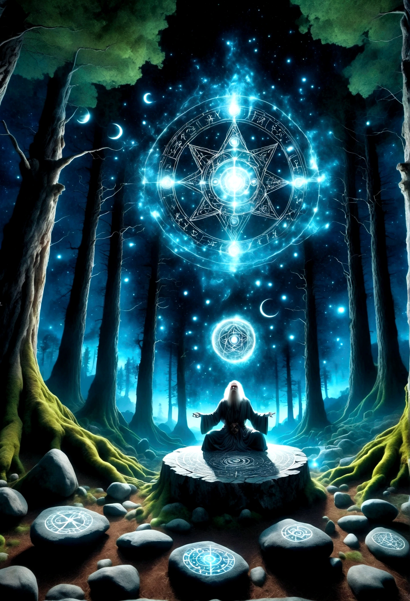 (A great astrologer:1.5)，（Dark Fantasy），（Ultra wide angle），In an ancient forest wasteland, The ancient stone magic circle predates all recorded history. It is composed of countless huge rocks, Each one has signs of erosion., Arranged into a perfect six-pointed star，Point to each constellation, As if connected to the power of the universe. At its center, The ground is engraved with complex runes and mysterious patterns.，In the moonlight, the light is blue, As part of the summoning ritual，It is also a container of power., Peak electricity consumption at night. The surrounding forest seemed to avoid, The branches are curved，Whisper. When the stars align on a special night, The energy of the sky resonates with the runes of the circle, Slowly open a crack，Inside is a creature with eyes like burning coals, Made of darkness and fear, Get out, Every step you take，The earth will tremble. This scene depicts a mysterious and dangerous moment，An ancient magic circle summons an entity under the watchful eyes of the ancient forest.，(masterpiece，best quality，Ultra HD，Extremely detailed，illumination）