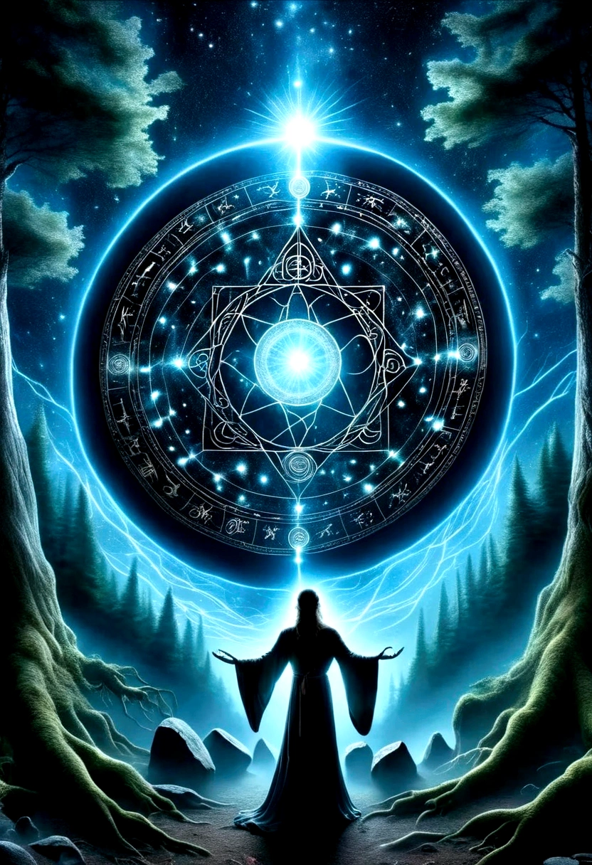 (A great astrologer:1.5)，（Dark Fantasy），（Ultra wide angle），In an ancient forest wasteland, The ancient stone magic circle predates all recorded history. It is composed of countless huge rocks, Each one has signs of erosion., Arranged into a perfect six-pointed star，Point to each constellation, As if connected to the power of the universe. At its center, The ground is engraved with complex runes and mysterious patterns.，In the moonlight, the light is blue, As part of the summoning ritual，It is also a container of power., Peak electricity consumption at night. The surrounding forest seemed to avoid, The branches are curved，Whisper. When the stars align on a special night, The energy of the sky resonates with the runes of the circle, Slowly open a crack，Inside is a creature with eyes like burning coals, Made of darkness and fear, Get out, Every step you take，The earth will tremble. This scene depicts a mysterious and dangerous moment，An ancient magic circle summons an entity under the watchful eyes of the ancient forest.，(masterpiece，best quality，Ultra HD，Extremely detailed，illumination）