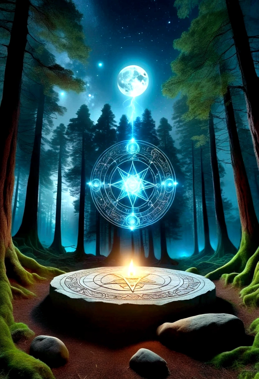 (A great astrologer:1.5)，（Dark Fantasy），（Ultra wide angle），In an ancient forest wasteland, The ancient stone magic circle predates all recorded history. It is composed of countless huge rocks, Each one has signs of erosion., Arranged into a perfect six-pointed star，Point to each constellation, As if connected to the power of the universe. At its center, The ground is engraved with complex runes and mysterious patterns.，In the moonlight, the light is blue, As part of the summoning ritual，It is also a container of power., Peak electricity consumption at night. The surrounding forest seemed to avoid, The branches are curved，Whisper. When the stars align on a special night, The energy of the sky resonates with the runes of the circle, Slowly open a crack，Inside is a creature with eyes like burning coals, Made of darkness and fear, Get out, Every step you take，The earth will tremble. This scene depicts a mysterious and dangerous moment，An ancient magic circle summons an entity under the watchful eyes of the ancient forest.，(masterpiece，best quality，Ultra HD，Extremely detailed，illumination）