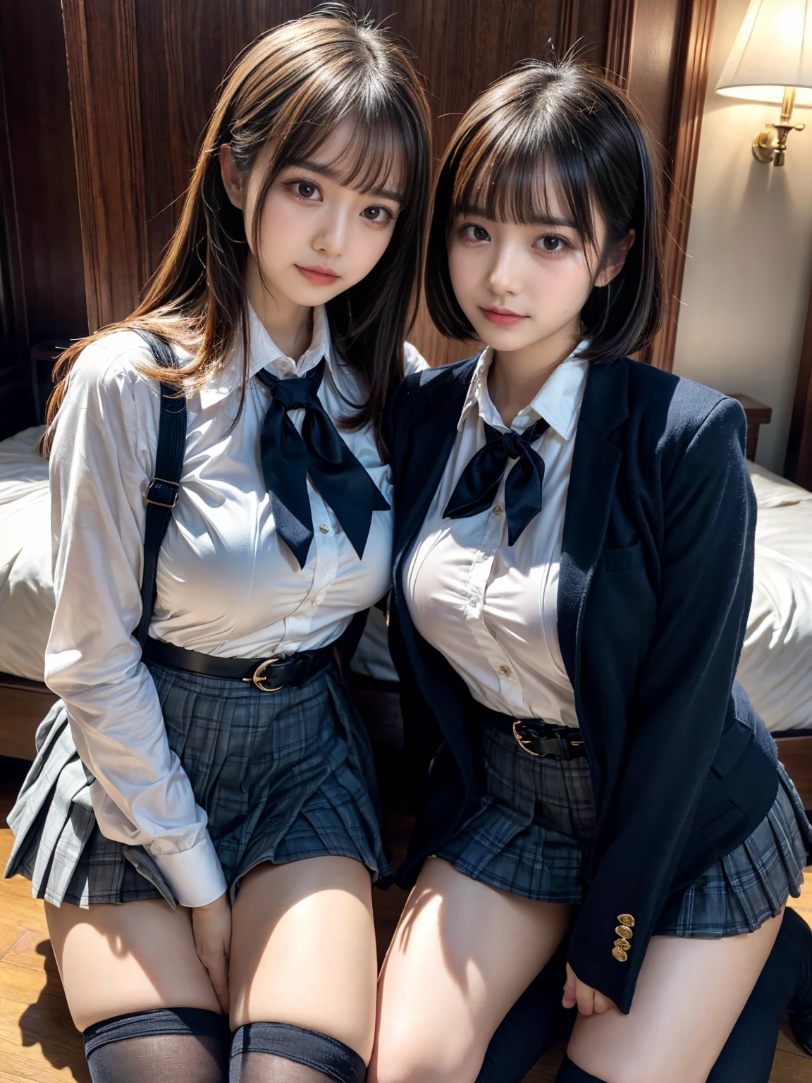 (8K, Raw photography, top-quality, masterpiece:1.2), master piece, best quality, illustration, Super detailed, fine details, High resolution, 8K,wall paper, perfect dynamic composition,(Details High quality, realistic depiction of eyes:1.3), ((2 girls, 2 schoolgirls)), The background is a luxury hotel room、High school girl uniform、blazer 、Super Short Check Uniform Skirt、Navy blue high socks、garterbelts、Colossal tits、Disturbed uniform, Play with each other,Touching each other's bodies,Touching the body of the girl next door, short bob hair, black hair color, huge breasts, Big Natural Color Lip, bold sexy pose, (perfect body shape), crying a little、cold gaze, Beautiful makeup,glitter makeup,Cutest 18 years old, beautiful legs, hposing Gravure Idol, Voluptuous thighs