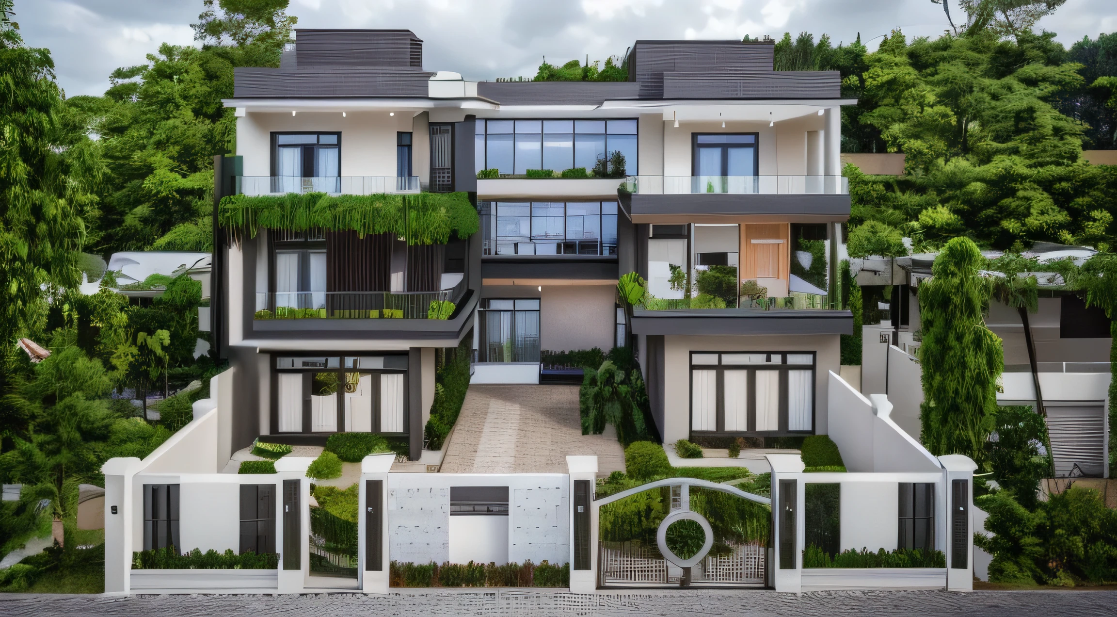 modernvilla, fully tiled, white and wood colour, trees, vine, architecture, building, cloud, vivid colour, masterpiece,best quality,super detailed,realistic,photorealistic, 8k, sharp focus, a photo of a buildinga photo of a building