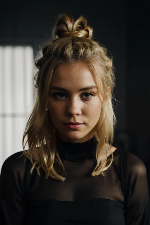 Making eye contact with a blonde,She has a bun and a dark theme