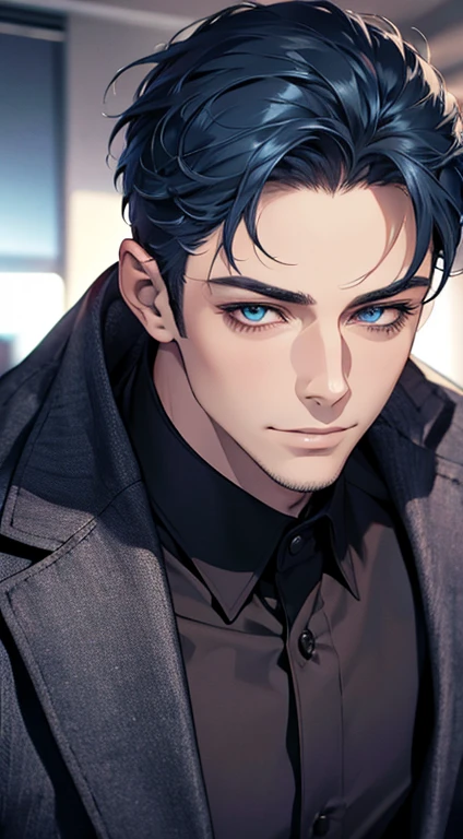 (best quality,4k,8k,highres,masterpiece:1.2),ultra-detailed,(realistic,photorealistic,photo-realistic:1.37),1 man,31 years old,mature man,very handsome,without expression,smile,short blue hair,blue eyes,penetrating gaze,perfect face without errors,imposing posture,businessman,office background,cinematic lighting,hdr image
