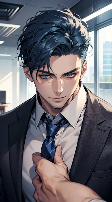 (best quality,4k,8k,highres,masterpiece:1.2),ultra-detailed,(realistic,photorealistic,photo-realistic:1.37),1 man,31 years old,mature man,very handsome,without expression,smile,short blue hair,blue eyes,penetrating gaze,perfect face without errors,imposing posture,businessman,office background,cinematic lighting,hdr image