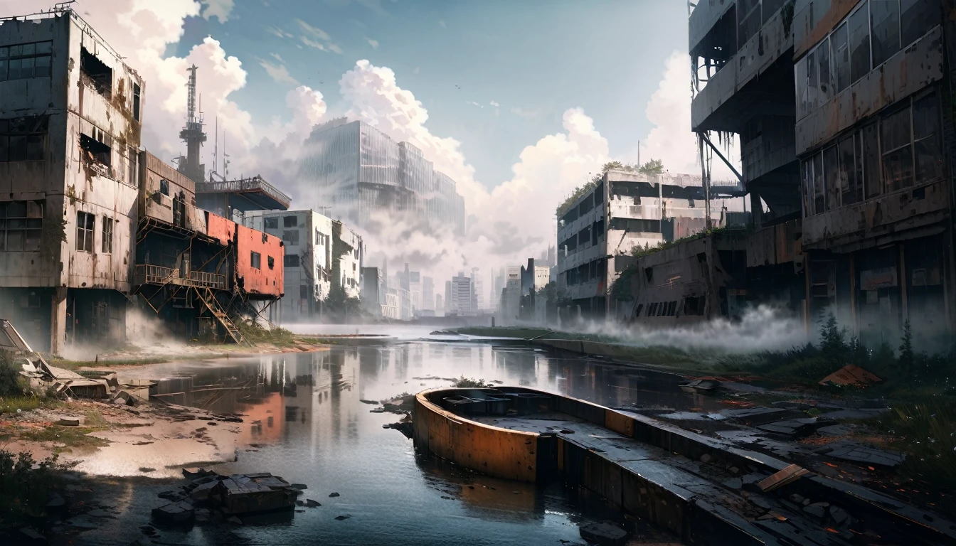 Realistic landscape, hyper detailed, Post-apocalyptic, Most of it is covered by water, artificial island, detailed, Great quality, high quality, Lots of buildings, Destroyed building, finished, More Darkness, darkシナリオ, Post-apocalyptic, fog, dark, There aren't many trees