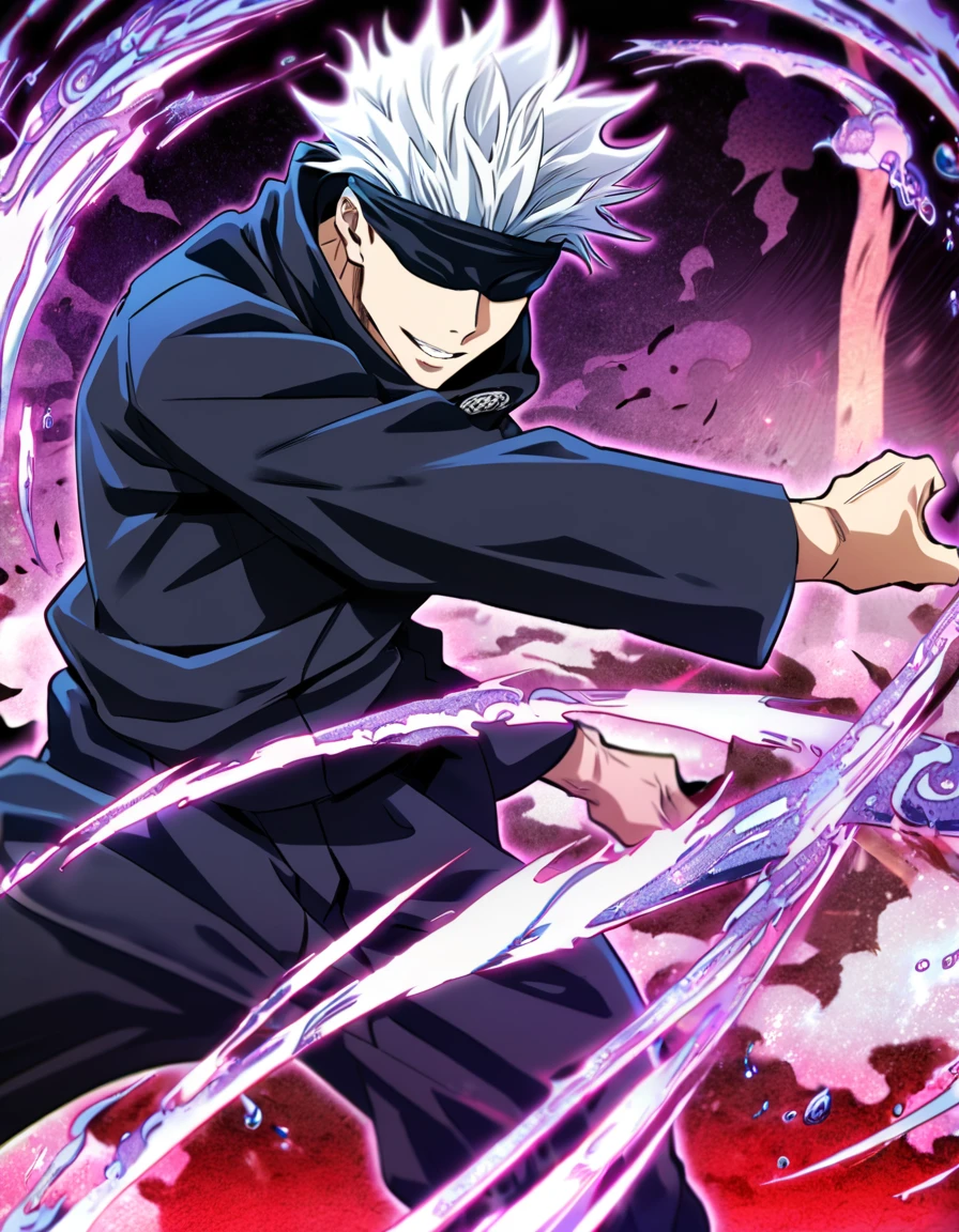 absurdres, highres, ultra detailed, HDR, master piece, Gojou Satoru, white hair, blindfolded eyes, black shirt, Jujutsu Kaisen, man, handsome, best quality, blue moon, magical, solo, water Jujutsu Kaisen uniform, handsome smile, purple aura, fight pose, dynamic positon, bloodshed background, jujutsu kaisen anime style, anime cg style, solo