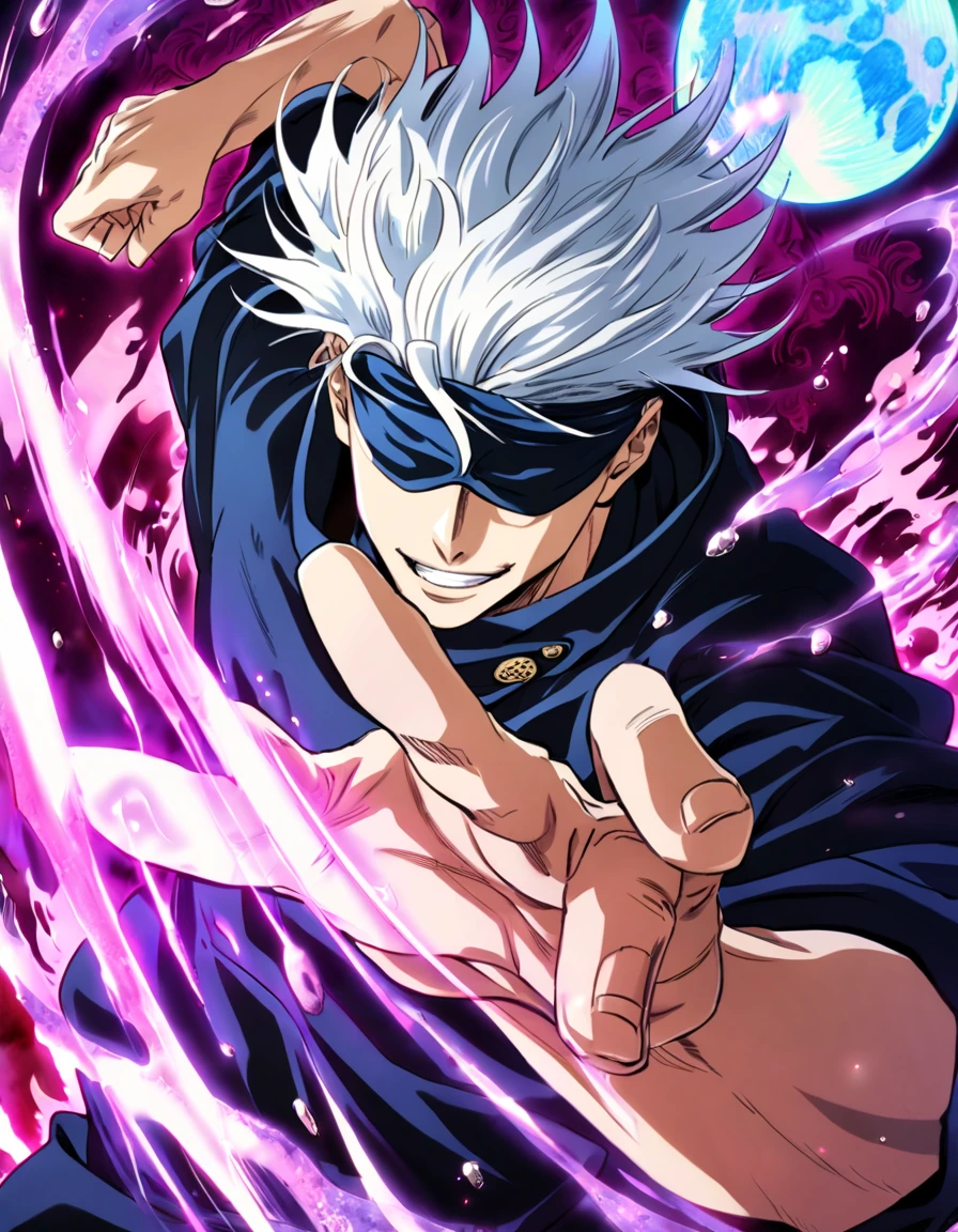 absurdres, highres, ultra detailed, HDR, master piece, Gojou Satoru, white hair, blindfolded eyes, black shirt, Jujutsu Kaisen, man, handsome, best quality, blue moon, magical, solo, water Jujutsu Kaisen uniform, handsome smile, purple aura, fight pose, dynamic positon, bloodshed background, jujutsu kaisen anime style, anime cg style, solo