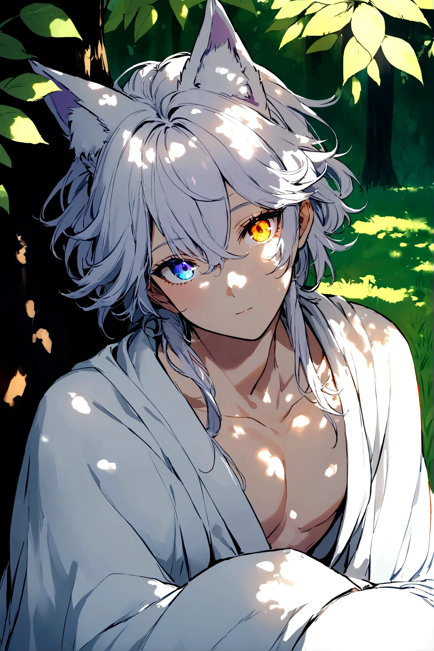 a beautiful white fox with heterochromia eyes, one light blue and one light purple, resting under a tree on a summer day, sunlight shining on his face, graceful and elegant in demeanor, handsome and gentle in nature