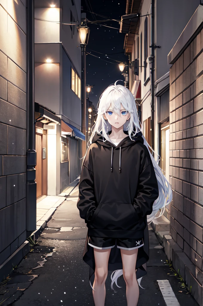 1boy,city,black Hoodie,Snow-white long hair,blue eyes, black thigh shorts,Night, dark alley