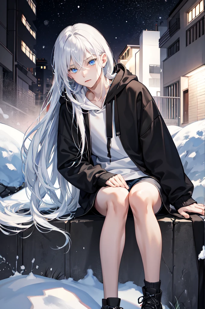 1boy,city,black Hoodie,Snow-white long hair,blue eyes, black thigh shorts,Night, dark alley