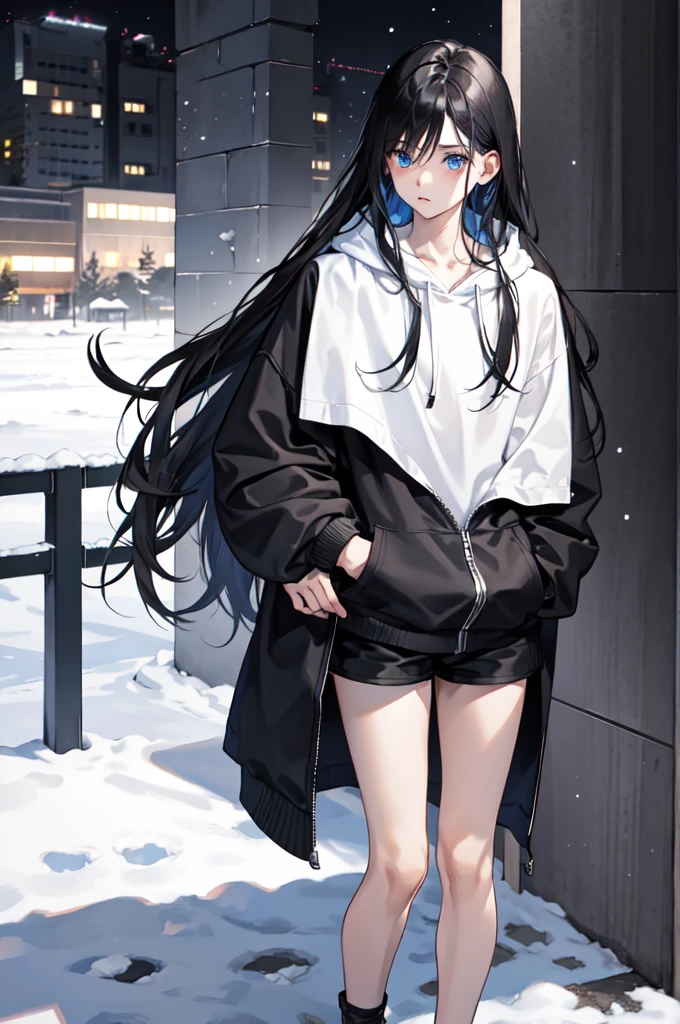 1boy,city,black Hoodie,Snow-white long hair,blue eyes, black thigh shorts,Night, dark alley