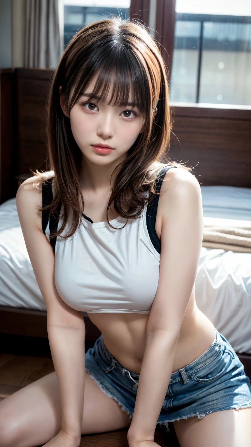 masterpiece, best quality, illustration, Super detailed, fine details, High resolution, 8K,wall paper, perfect dynamic composition,(Details High quality, realistic depiction of eyes:1.3), wavy blonde hair, punk tshirt, a miniskirt, punk girl, large breasts, Big Natural Color Lip, bold sexy pose, crying a little、Harajuku style、20 year old girl、cute type、ta、beautiful legs, hotel room, hposing Gravure Idol, (woman on top, straddling, sittings)