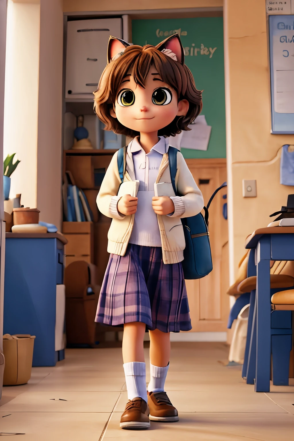 Create an image of a cat going to school
