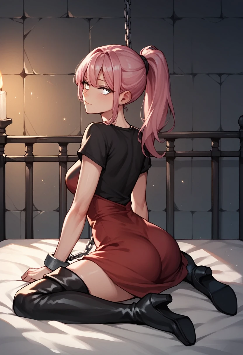 check_9, check_8_up, check_7_up, check_6_up, check_5_up, check_4_up, source_Anime, 1 girl,Bed, pink hair, ponytail, white eyes, language, WW chain, shackles, black shirt, Red dress, sexy pose, black thigh-high boots, night, dungeon, Best quality, better resolution, 4k uhd,
 