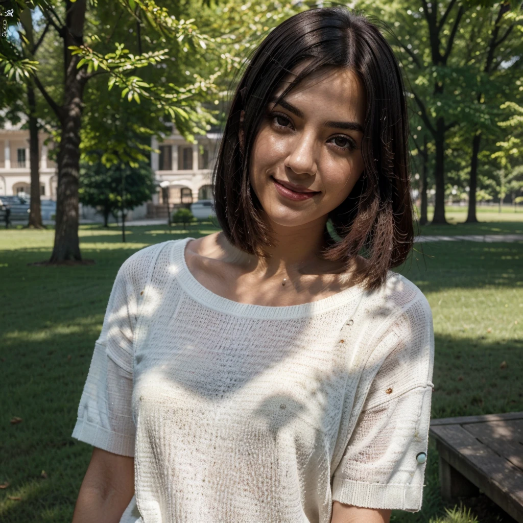Superior quality, Masterpiece, ultra high definition, (photorealistic: 1.4), (look outside: 1.4), (look outside: 1.4), without looking at the camera, photo and gross, A girl, dark hair, (straight bobs: 1.4), (Patsun: 1.4), hits, SMILE, shiny skin, dramatic lighting, Clean, T-shirt, White summer sweater, (Big: 0.9), Parks