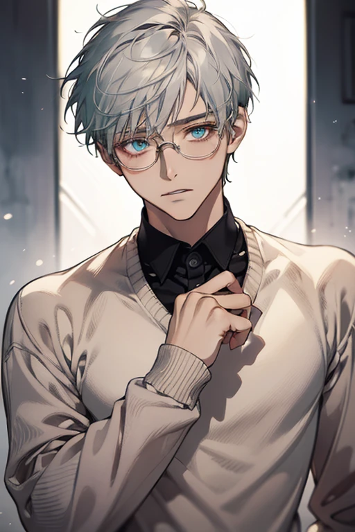 ((Masterpiece, Highest Quality)), Detailed Face, 1boy, young boy, white sweater, turquoise eyes, (((Top Quality))), Short hair, Shaved whiskey,Spits, white colored hair, Stylish glasses