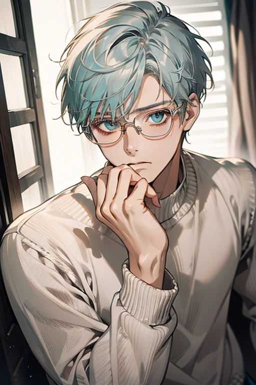 ((Masterpiece, Highest Quality)), Detailed Face, 1boy, young boy, white sweater, turquoise eyes, (((Top Quality))), Short hair, Shaved whiskey,Spits, white colored hair, Stylish glasses