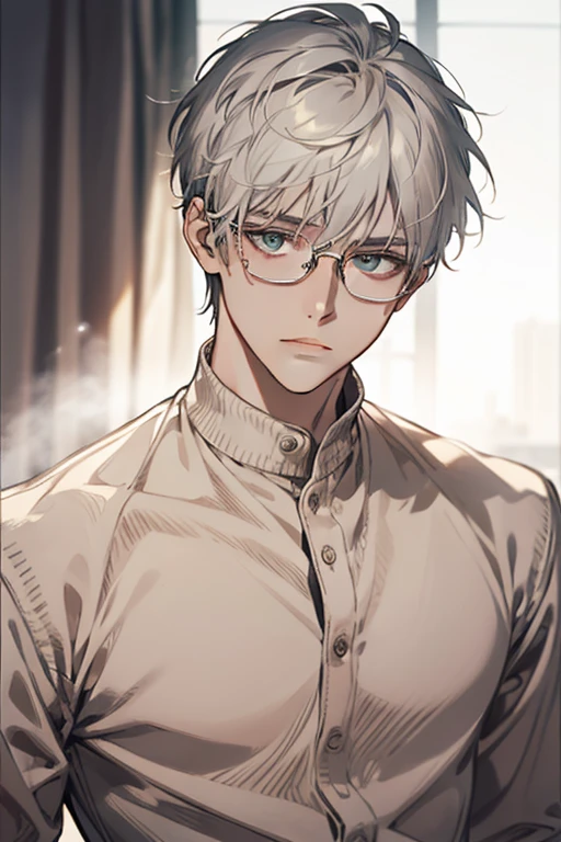 ((Masterpiece, Highest Quality)), Detailed Face, 1boy, young boy, white sweater, turquoise eyes, (((Top Quality))), Short hair, Shaved whiskey,Spits, white colored hair, Stylish glasses